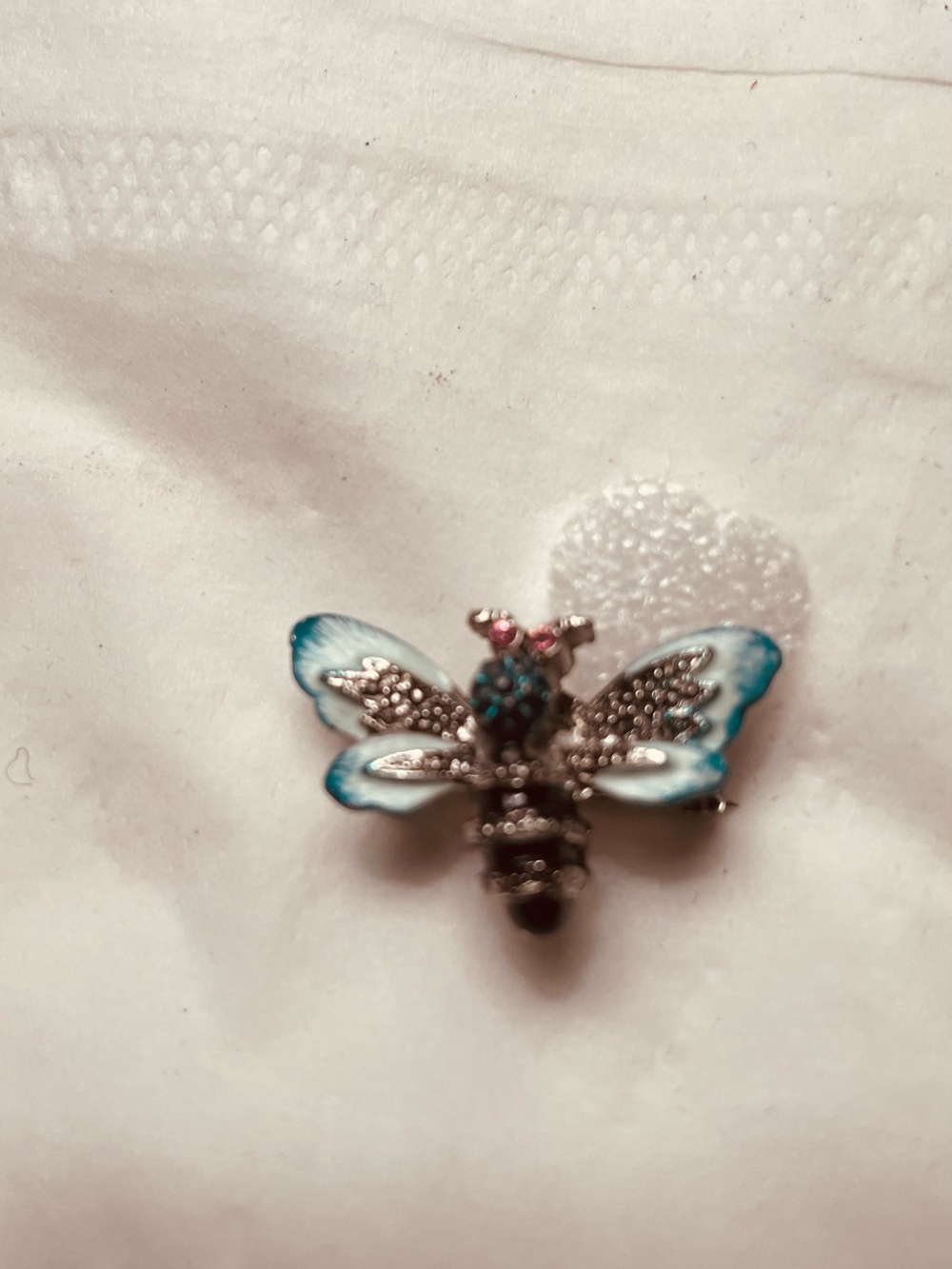 Blue Enamel Bee Brooch with Crystal Accents